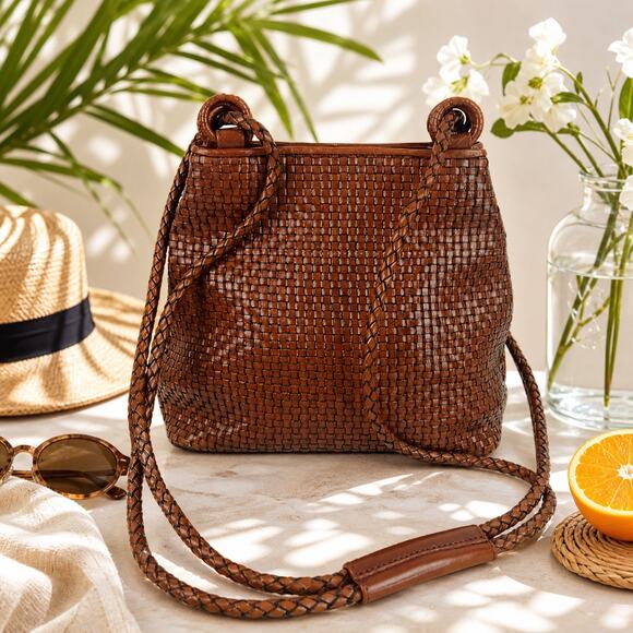 Laura Ashley Handbags - Laura Ashley VTG Woven Leather Crossbody/Backpack Purse Inner Pocket Mirror